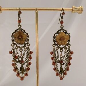 Amber Colored Beads & Brass Chain Dangle Earrings